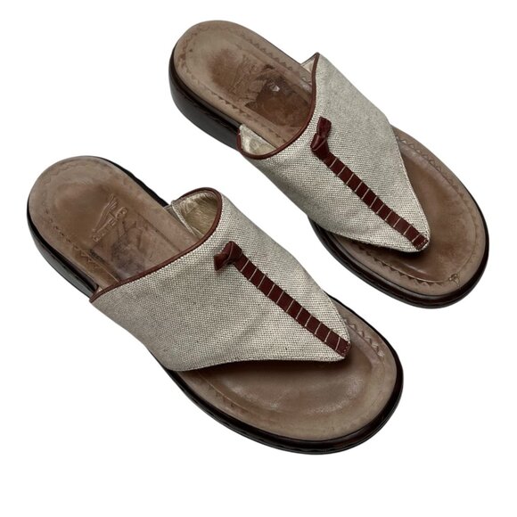 Dansko Khaki Tan Brown Leather And Canvas Thong Toe Slide Sandals 39 - Picture 1 of 10